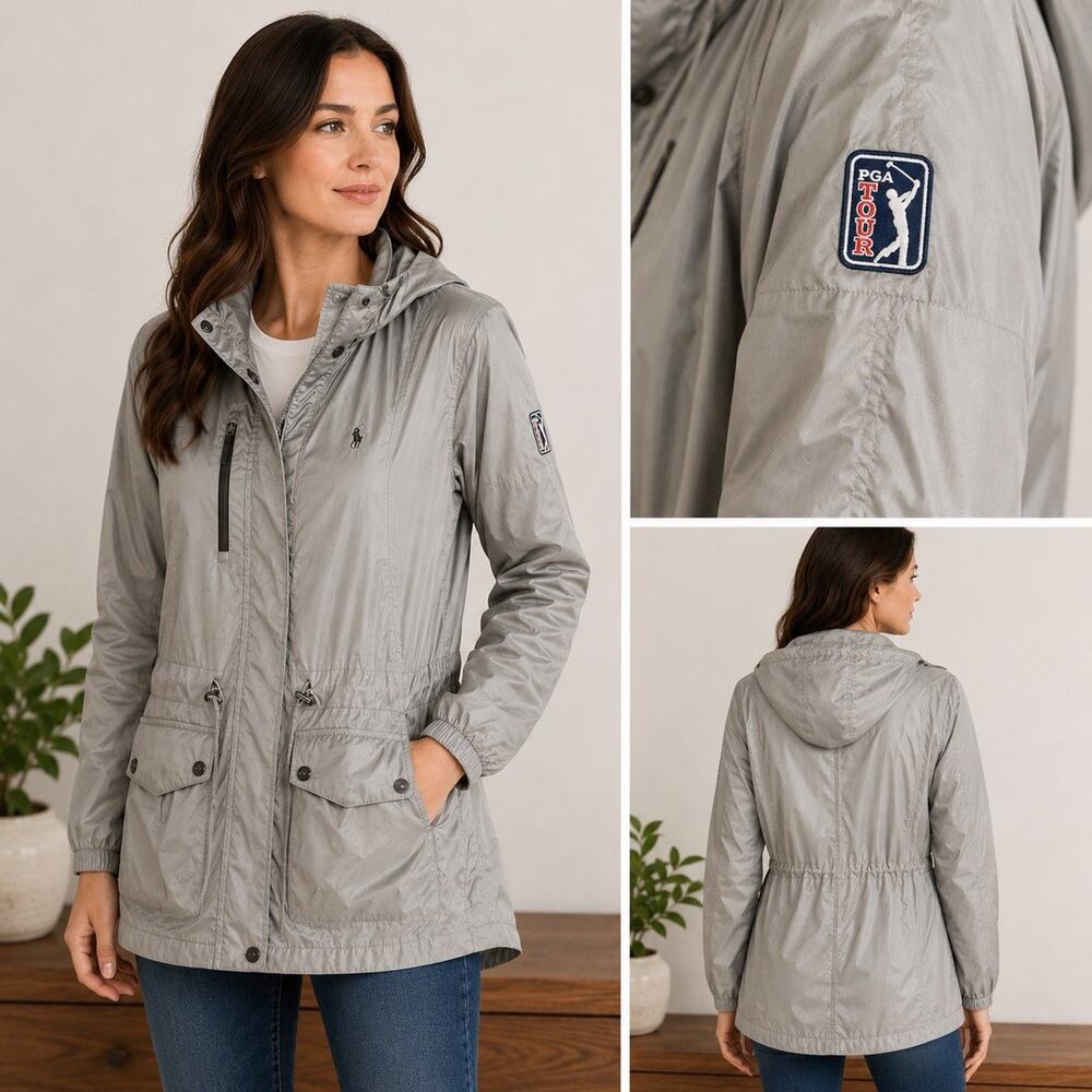 Polo Golf Ralph Lauren Women’s Small Gray Hooded Windbreaker PGA Tour Jacket